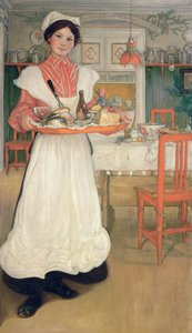 トレイで朝食を運ぶマルティナ、1904 作： Carl Larsson